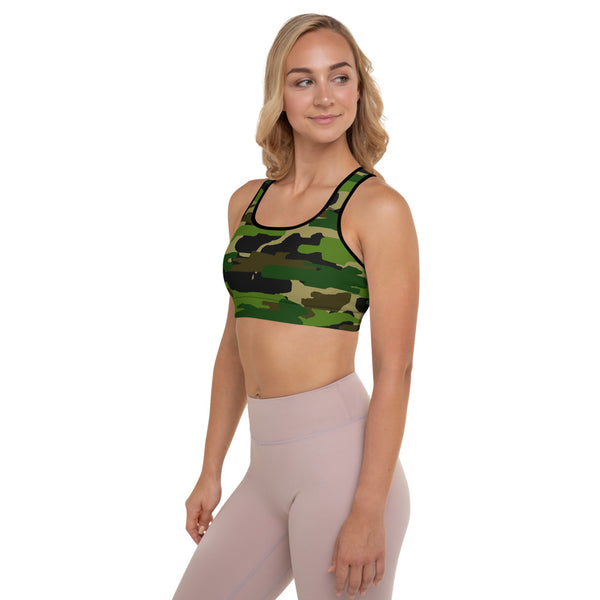 Green Brown Camo Military Army Print Women's Padded Sports Bra- Made in USA/EU-Sports Bras-Heidi Kimura Art LLC