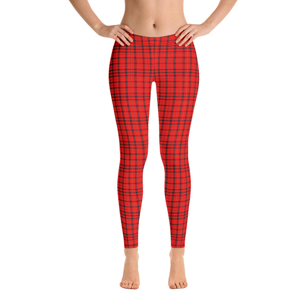 Red Plaid Print Leggings, Scottish Tartan Women's Tights-Made in USA/EU-Heidi Kimura Art LLC-Heidi Kimura Art LLC