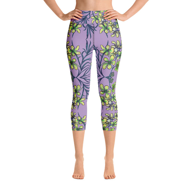 Purple Orchid Yoga Capri Leggings, Yellow Capris Tighst-Made in USA/EU-Heidi Kimura Art LLC-Heidi Kimura Art LLC