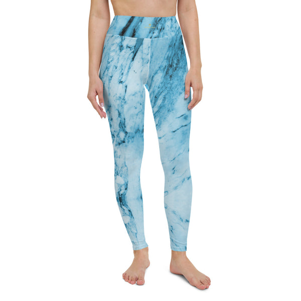 Blue Marble Yoga Leggings, Abstract Print Women's Yoga Pants-Heidi Kimura Art LLC-Heidi Kimura Art LLC