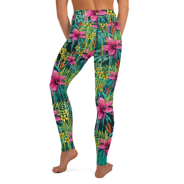 Green Floral Yoga Leggings, Tropical Leaf Print Women's Tights-Made in USA/EU-Heidi Kimura Art LLC-Heidi Kimura Art LLC