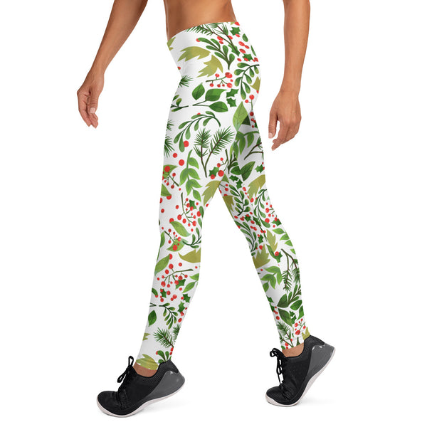 Christmas Floral Print Green Red Women's Long Yoga Pants Leggings- Made in USA/EU-legging-Heidi Kimura Art LLC