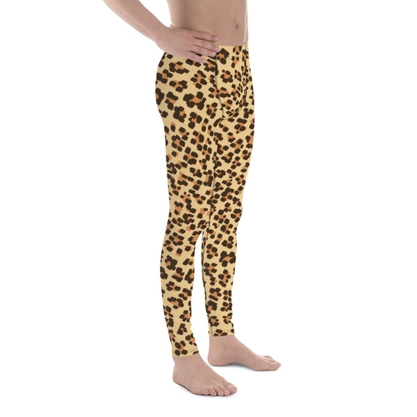 Brown Leopard Animal Print Fitted Elastic Men's Leggings Men Tights - Made in USA-Men's Leggings-Heidi Kimura Art LLC