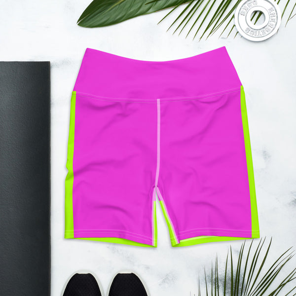 Neon Green Pink Yoga Shorts, Women's Solid Color Short Tights-Made in USA/EU-Heidi Kimura Art LLC-Heidi Kimura Art LLC Hot Pink Yoga Shorts, Solid Color Modern Minimalist Premium Quality Women's High Waist Spandex Fitness Workout Yoga Shorts, Yoga Tights, Fashion Gym Quick Drying Short Pants With Pockets - Made in USA/EU (US Size: XS-XL)