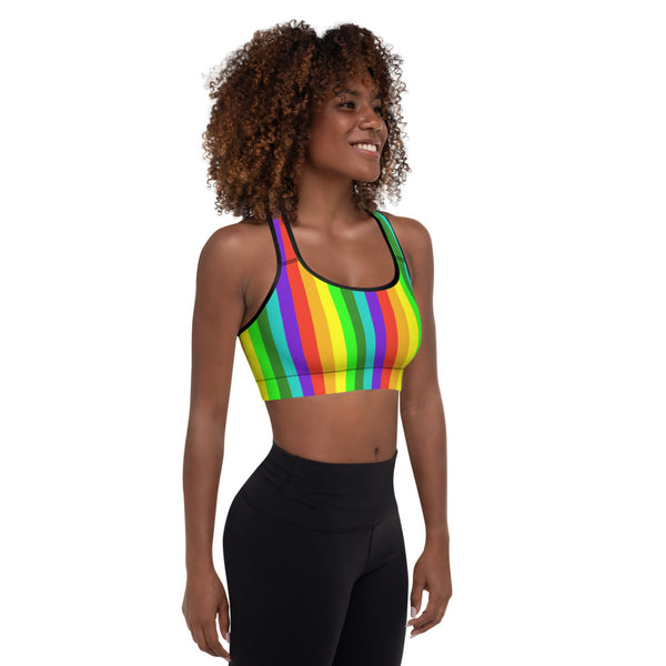 Bright Rainbow Vertical Stripe Women's Padded Fitness Gym Sports Bra-Made in USA/EU-Sports Bras-Heidi Kimura Art LLC