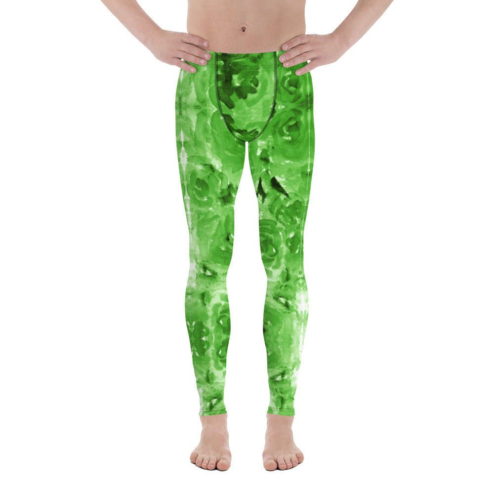Green Floral Men's Leggings-Heidikimurart Limited -XS-Heidi Kimura Art LLC Green Floral Men's Leggings, Flower Abstract Print Running Tights Men's Leggings Tights Pants - Made in USA/MX/EU (US Size: XS-3XL) Sexy Meggings Men's Workout Gym Tights Leggings, Compression Tights