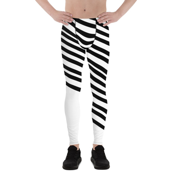 Black White Diagonally Striped Meggings, Men's Running Leggings Tights-Made in USA/EU-Men's Leggings-XS-Heidi Kimura Art LLC