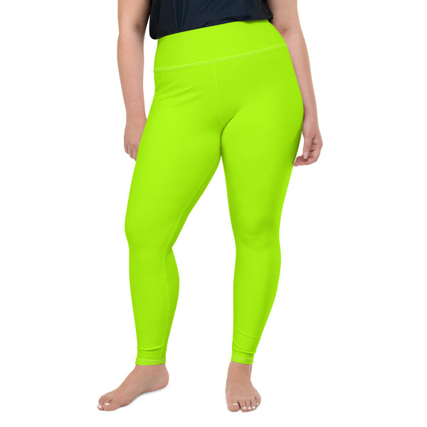 Neon Green Women's Leggings, Modern Bright Green Solid Color Women's Leggings Plus Size, Women's Yoga Pants Long Plus Size Leggings - Made in USA/EU (US Size: 2XL-6XL)