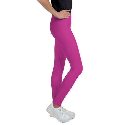Cute Bright Pink Solid Color Premium Youth Gym Tights Pants Leggings- Made in USA/EU-Youth's Leggings-Heidi Kimura Art LLC