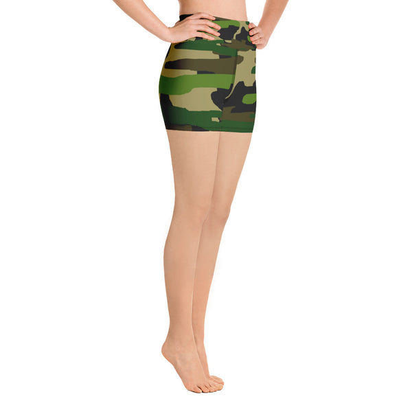 High Waist Military Army Green Camouflage Print Women's Yoga Shorts, Made in USA-Yoga Shorts-Heidi Kimura Art LLC