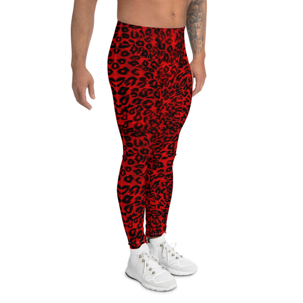 Red Leopard Print Men's Leggings, Animal Print Compression Tights For Men-Heidikimurart Limited -Heidi Kimura Art LLC Red Leopard Print Men's Leggings, Bright Colorful Animal Print Modern Meggings, Men's Leggings Tights Pants - Made in USA/EU/MX (US Size: XS-3XL) Sexy Meggings Men's Workout Gym Tights Leggings