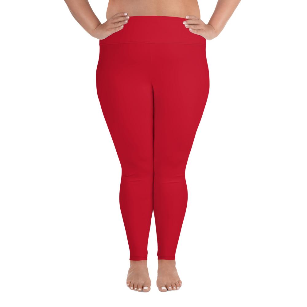 Hot Red Kiss Solid Color Print Women's Plus Size Best Quality Leggings-Made in USA/EU-Women's Plus Size Leggings-2XL-Heidi Kimura Art LLC