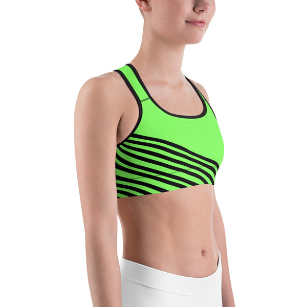 Neon Green Black Diagonal Striped Print Women's Fitness Sports Bra - Made in USA/EU-Sports Bras-Heidi Kimura Art LLC