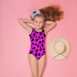 Pink Cow Girl's Swimwear, Cute Bright Pink Farm Cow Animal Print Girl's Kids Premium Swimwear Sportswear Swimsuit - Made in USA (US Size: 2T-7)