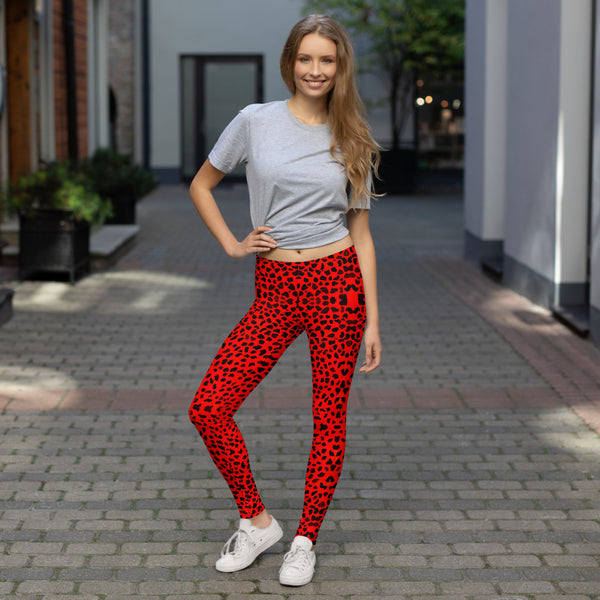 Red Cheetah Animal Print Leggings, Women's Casual Tights-Made in USA/EU-Heidi Kimura Art LLC-Heidi Kimura Art LLC