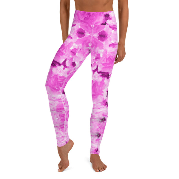 Hot Pink Floral Yoga Leggings, Abstract Print Women's Tights-Made in USA/EU-Heidi Kimura Art LLC-Heidi Kimura Art LLC