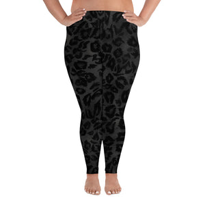Black Leopard Animal Print Women's Yoga Pants Long Plus Size Leggings-Women's Plus Size Leggings-2XL-Heidi Kimura Art LLC