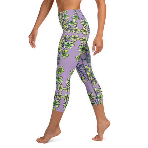 Purple Orchid Yoga Capri Leggings, Yellow Capris Tighst-Made in USA/EU-Heidi Kimura Art LLC-Heidi Kimura Art LLC