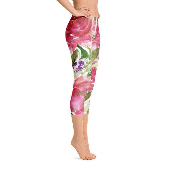 Pink Rose Girlie Floral Women's Athletic Capri Leggings Activewear - Made in USA-capri leggings-Heidi Kimura Art LLC Pink Rose Flower Capris Tights, Pink Rose Girlie Floral Women's Athletic Capri Leggings Activewear For Ladies - Made in USA/EU/MX (US Size: XS-XL)