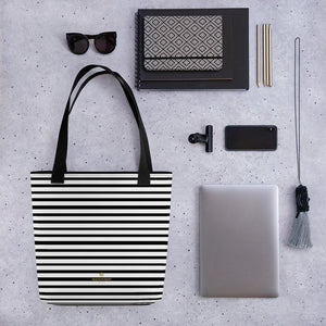 Black Horizontal Striped Tote Bag, White 15" x 15" Striped Market Bag- Made in USA/EU-Tote Bag-Black-Heidi Kimura Art LLC