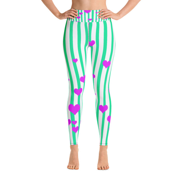 Women's Turquoise Blue Pink Striped Hearts Long Yoga & Barre Pants- Made in USA-Leggings-XS-Heidi Kimura Art LLC  Blue Striped Women's Leggings, Women's Turquoise Blue Pink Striped Hearts Active Wear Fitted Leggings Sports Long Yoga & Barre Pants - Made in USA/EU (US Size: XS-XL)