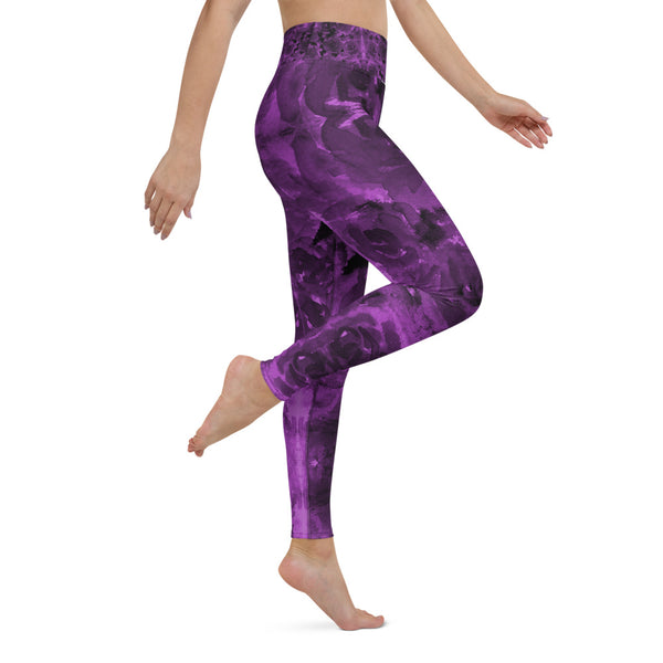 Purple Abstract Yoga Leggings, Floral Long Tights-Made in USA/EU-Heidi Kimura Art LLC-Heidi Kimura Art LLC