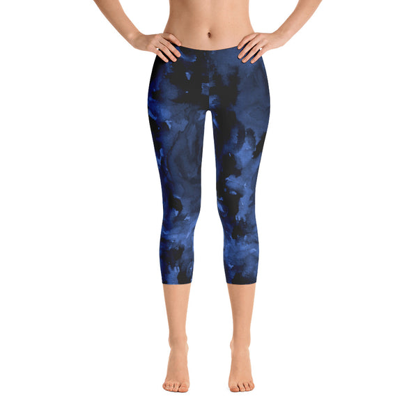 Calming Blue Rose Floral Designer Capri Leggings Spandex Tight Pants - Made in USA/EU-capri leggings-Heidi Kimura Art LLC