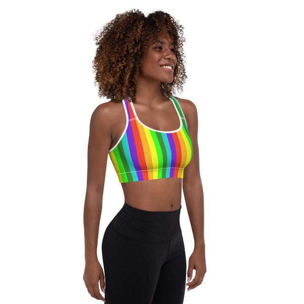Bright Rainbow Vertical Stripe Women's Padded Fitness Gym Sports Bra-Made in USA/EU-Sports Bras-Heidi Kimura Art LLC