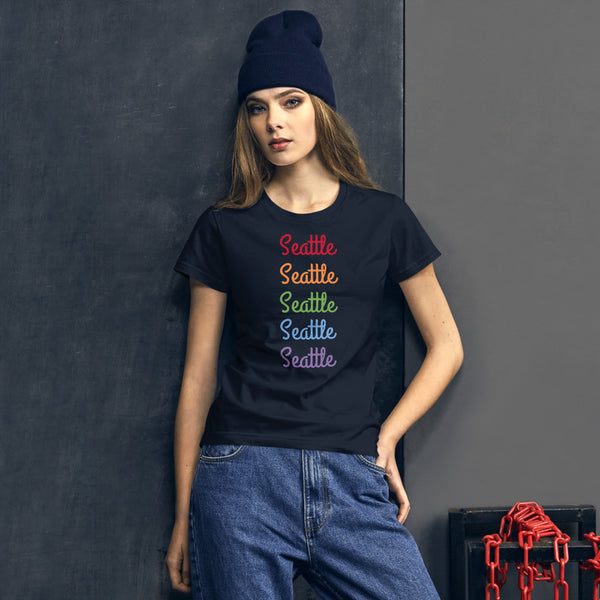 Seattle Rainbow Print Gay Pride 100% Cotton Women's Short Sleeve T-shirt (US Size: S-XL)-T-Shirt-Navy-S-Heidi Kimura Art LLC