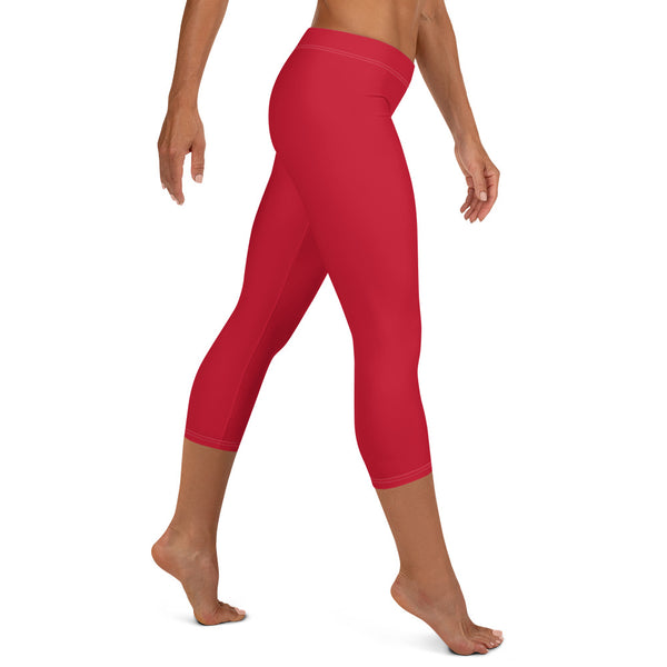 Red Women's Capri Leggings, Solid Color Capris Casual Tights-Made in USA/EU-Heidi Kimura Art LLC-Heidi Kimura Art LLC