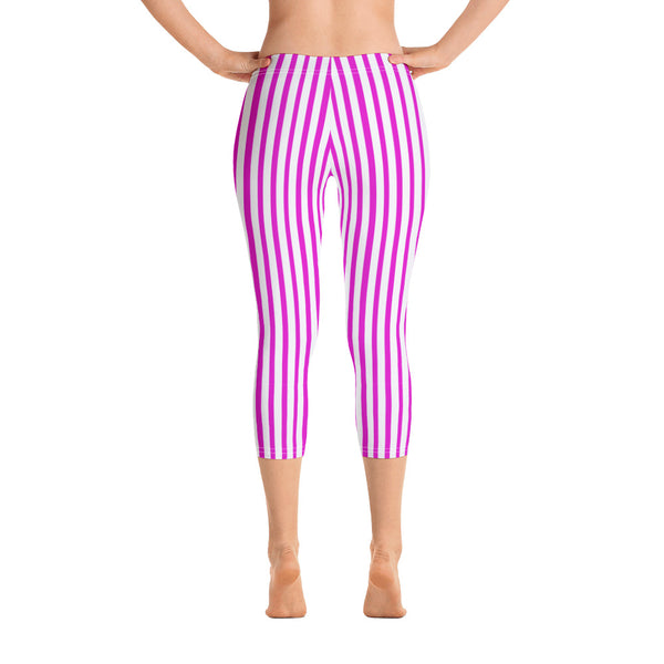 Hot Pink Striped Capri Leggings, Designer Modern Women's Capris Tights-Heidikimurart Limited -Heidi Kimura Art LLC Pink Striped Casual Capri Leggings, Hot Pink and White Designer Stripes Modern Best Women's Casual Tights Printed Capri Leggings Casual Activewear - Made in USA/EU/MX (US Size: XS-XL)