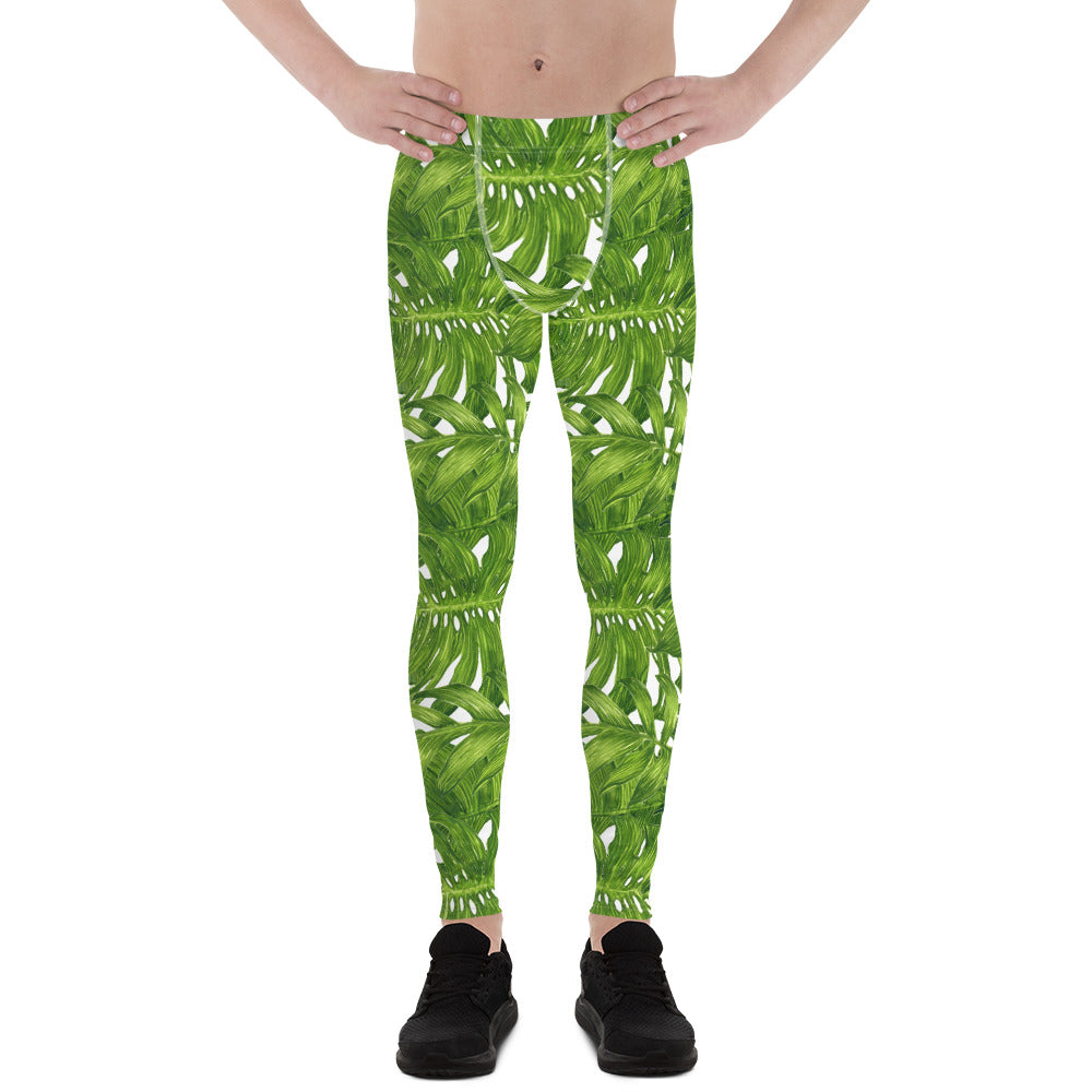 White Green Tropical Leaves Print Men's Leggings Tights Meggings- Made in USA/EU-Men's Leggings-XS-Heidi Kimura Art LLC