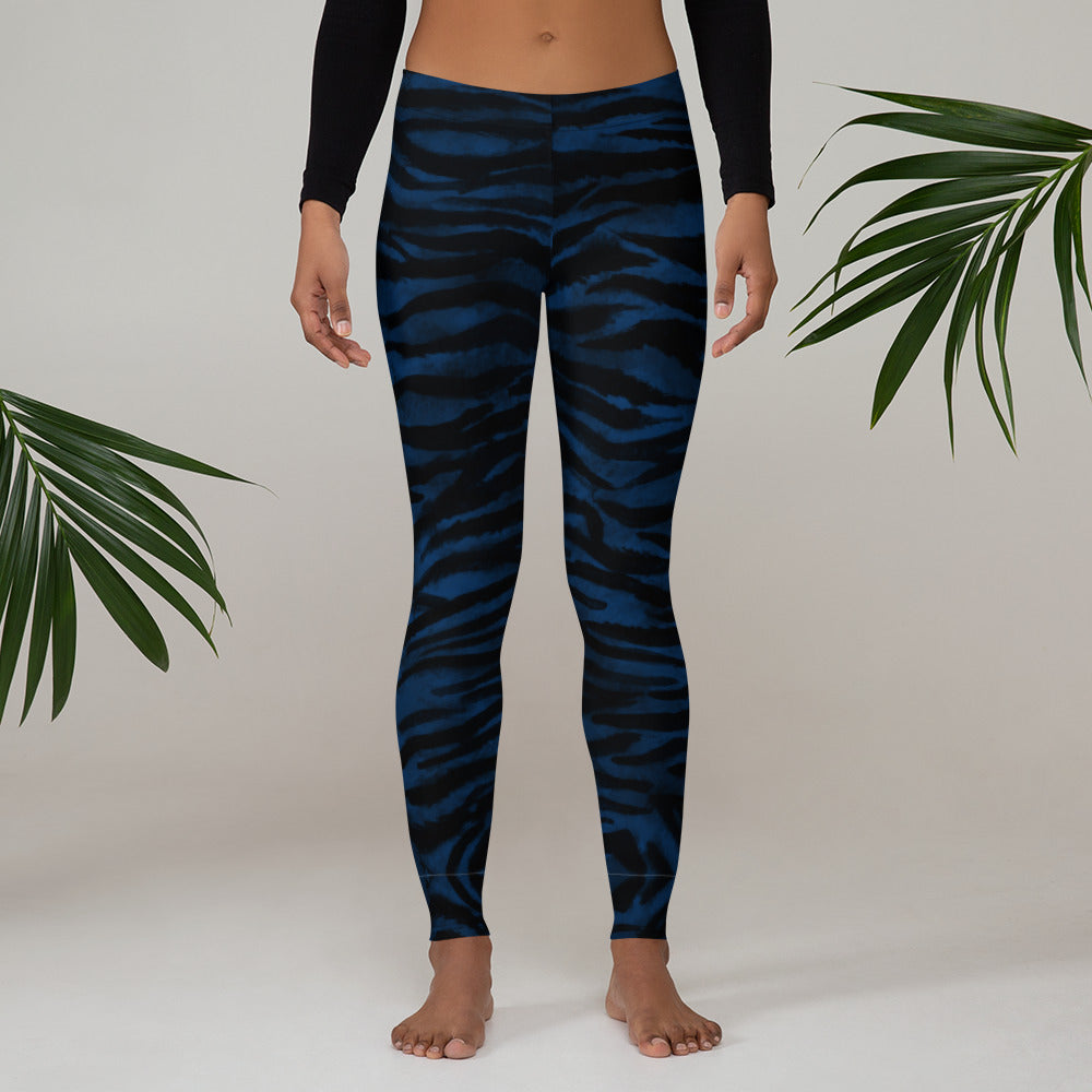 Blue Tiger Striped Women's Leggings-Heidikimurart Limited -XS-Heidi Kimura Art LLC