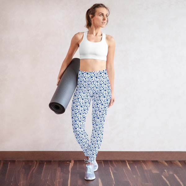 White Blue Stars Pattern Print Women's Designer Long Yoga Leggings Pants- Made in USA/EU-Leggings-Heidi Kimura Art LLC Blue Stars Women's Leggings, White Blue Stars Pattern Print  Premium Women's Active Wear Fitted Leggings Sports Long Yoga & Barre Pants, Sportswear, Gym Clothes, Workout Pants - Made in USA/ EU (US Size: XS-XL)