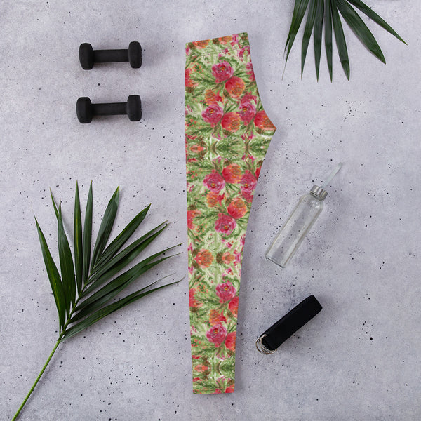 Flower Print Women's Causal Leggings-Heidikimurart Limited -Heidi Kimura Art LLC Flower Print Women's Casual Leggings, Rose Pink Green Floral Long Tights, Women's Long Dressy Casual Fashion Leggings/ Running Tights - Made in USA/ EU/ MX (US Size: XS-XL)