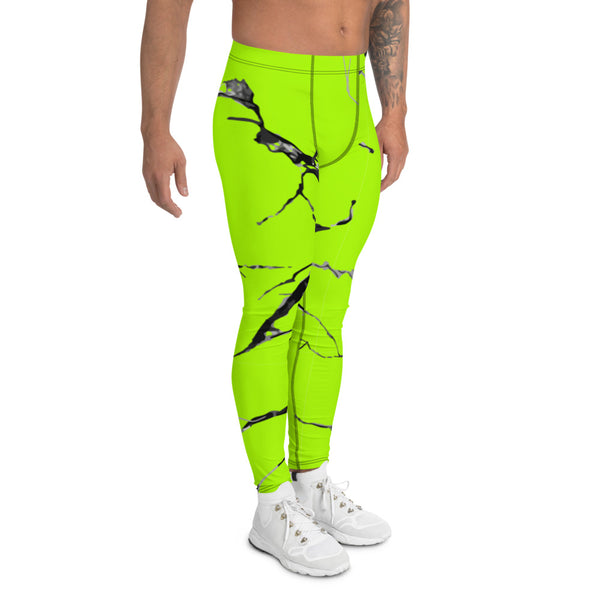 Neon Green Marble Men's Leggings, Bright Marble Print Meggings-Heidikimurart Limited -Heidi Kimura Art LLC Neon Green Marble Men's Leggings, Bright Marble Print Classic Premium Best Meggings Compression Tights Sexy Meggings Men's Workout Gym Tights Leggings, Men's Compression Tights Pants - Made in USA/ EU/ MX (US Size: XS-3XL) 