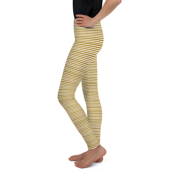 Dense Brown Light Yellow Horizontal Stripe Print Youth Leggings - Made in USA/ EU-Youth's Leggings-Heidi Kimura Art LLC