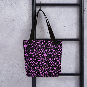 Black Pink Star Pattern Print 15"x15" Square Size Market Grocery Tote Bag - Made in USA/EU-Tote Bag-Black-Heidi Kimura Art LLC