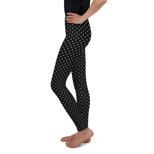 Classic Black White Polka Dots Print Premium Youth Leggings Tights - Made in USA/ EU-Youth's Leggings-Heidi Kimura Art LLC