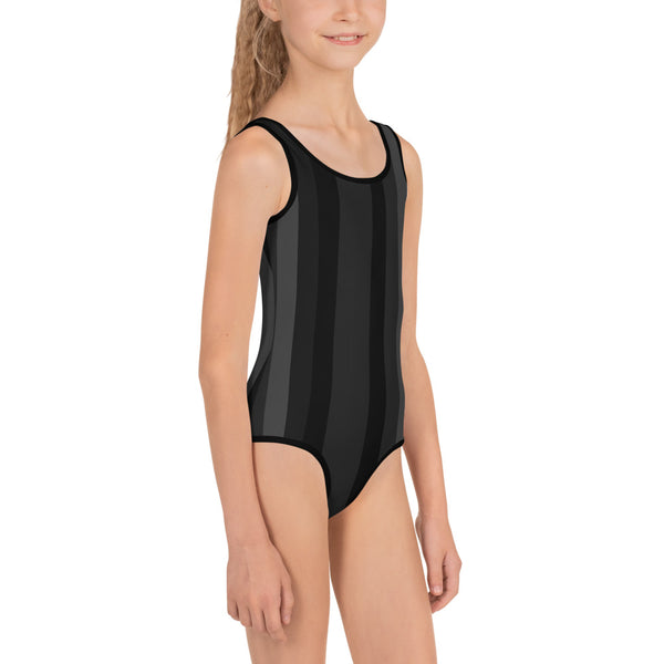 Black Grey Vertical Striped Print Girl's Cute Kids Swimsuit Swimwear- Made in USA/EU-Kid's Swimsuit (Girls)-Heidi Kimura Art LLC