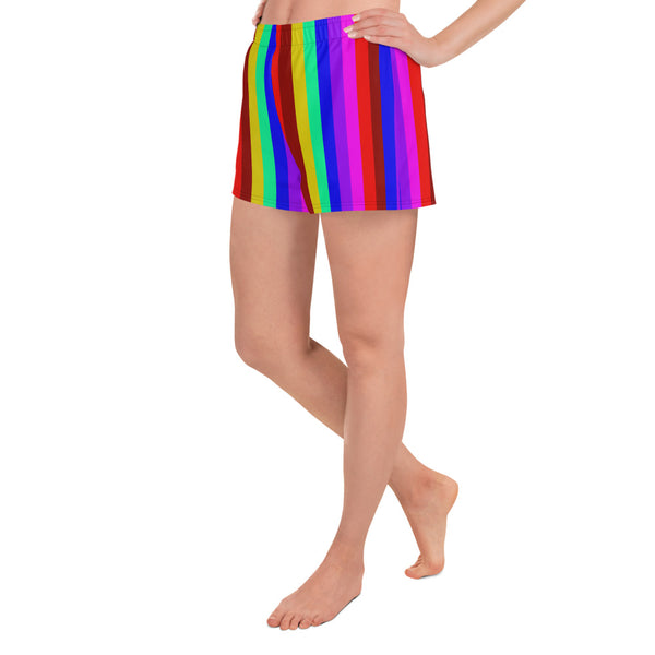 Gay Pride Shorts, Rainbow Stripe Women's Athletic Short Shorts-Heidi Kimura Art LLC-Heidi Kimura Art LLC Gay Pride Shorts, Rainbow Stripe LGBTQ Friendly Print Designer Best Women's Athletic Running Short Printed Water-Repellent Microfiber Individually Sewn Shorts With Elastic Waistband With A Drawstring And Mesh Side Pockets - Made in USA/EU (US Size: XS-3XL) Running Shorts Womens, Printed Running Shorts, Plus Size Available, Perfect for Running and Swimming 