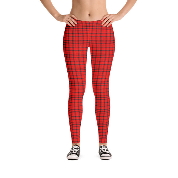 Red Plaid Print Leggings, Scottish Tartan Women's Tights-Made in USA/EU-Heidi Kimura Art LLC-Heidi Kimura Art LLC