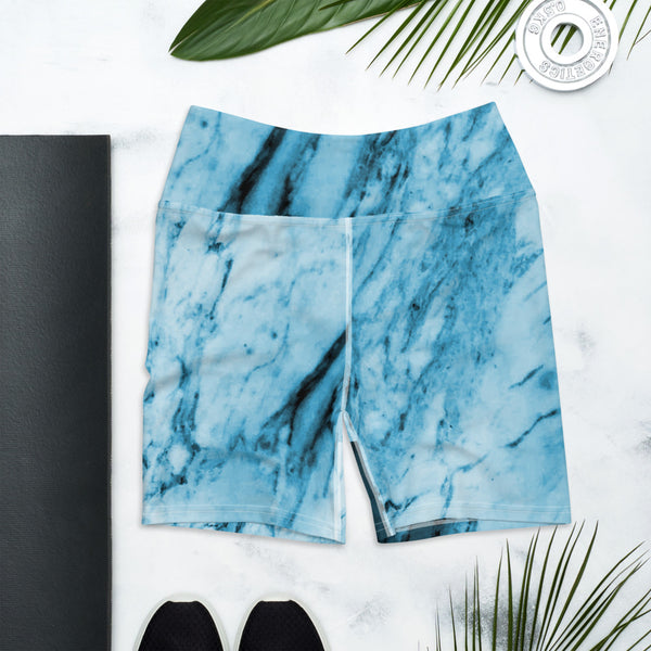 Blue Marble Yoga Shorts, Abstract Print Women's Shorts-Made in USA/EU-Heidi Kimura Art LLC-Heidi Kimura Art LLC