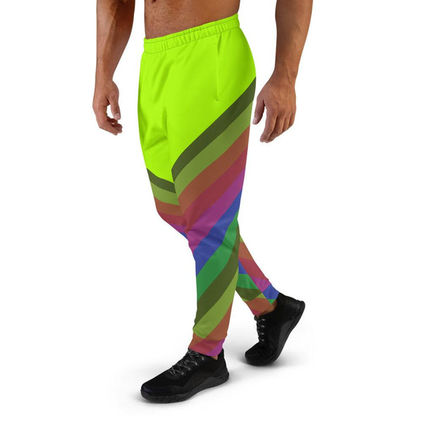 Neon Green Faded Rainbow Stripe Print Men's Rave Party Fashion Joggers - Made in EU-Men's Joggers-Heidi Kimura Art LLC