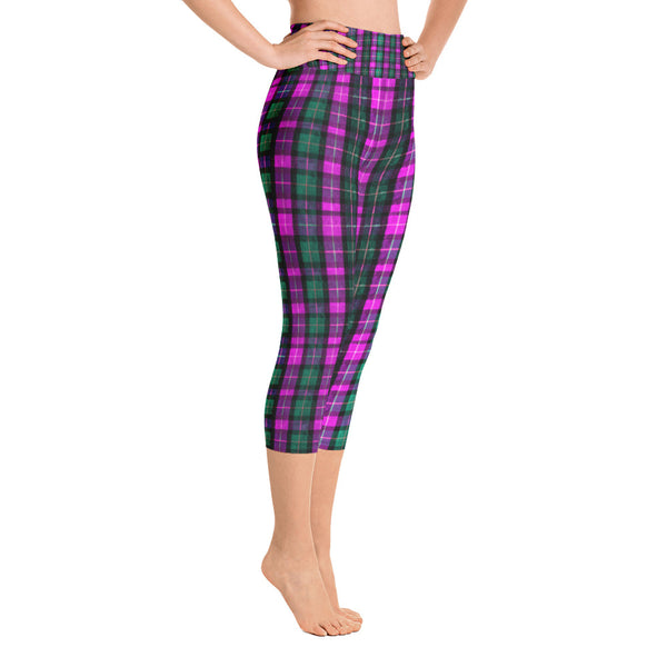 Pink Green Plaid Women's Yoga Capri Pants Leggings w/ Pockets- Made In USA-Capri Yoga Pants-Heidi Kimura Art LLCPink Plaid Women's Capri Leggings, Pink Green Plaid Women's Cotton Yoga Capri Pants Leggings With Pockets Plus Size Available- Made In USA/ Europe (US Size: XS-XL)