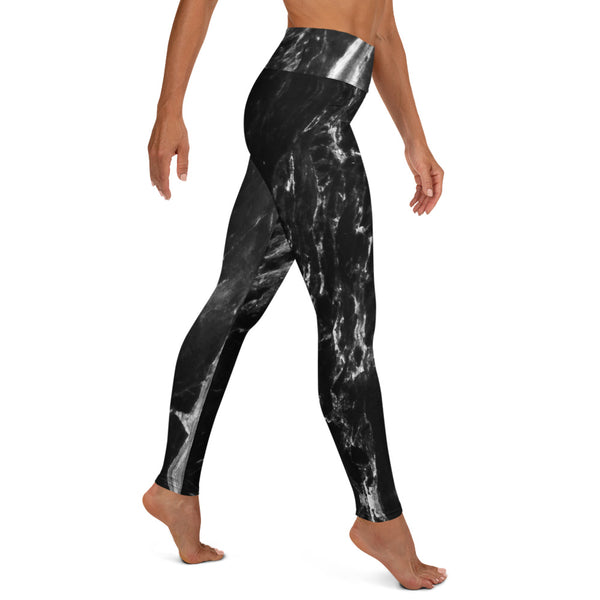 Black Abstract Marble Yoga Leggings, Marbled Print Women's Tights-Made in USA/EU-Heidi Kimura Art LLC-Heidi Kimura Art LLC