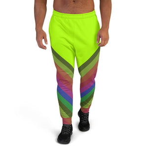 Neon Green Faded Rainbow Stripe Print Men's Rave Party Fashion Joggers - Made in EU-Men's Joggers-XS-Heidi Kimura Art LLC
