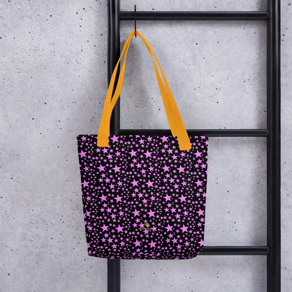 Black Pink Star Pattern Print 15"x15" Square Size Market Grocery Tote Bag - Made in USA/EU-Tote Bag-Yellow-Heidi Kimura Art LLC