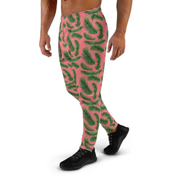 Light Pink Green Tropical Palm Leaf Floral Print Designer Men's Joggers - Made in EU-Men's Joggers-Heidi Kimura Art LLC