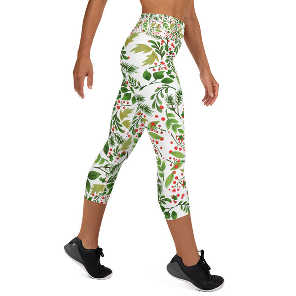 Xmas Floral Green Red White Premium Women's Yoga Capri Leggings- Made in USA-Capri Yoga Pants-Heidi Kimura Art LLC